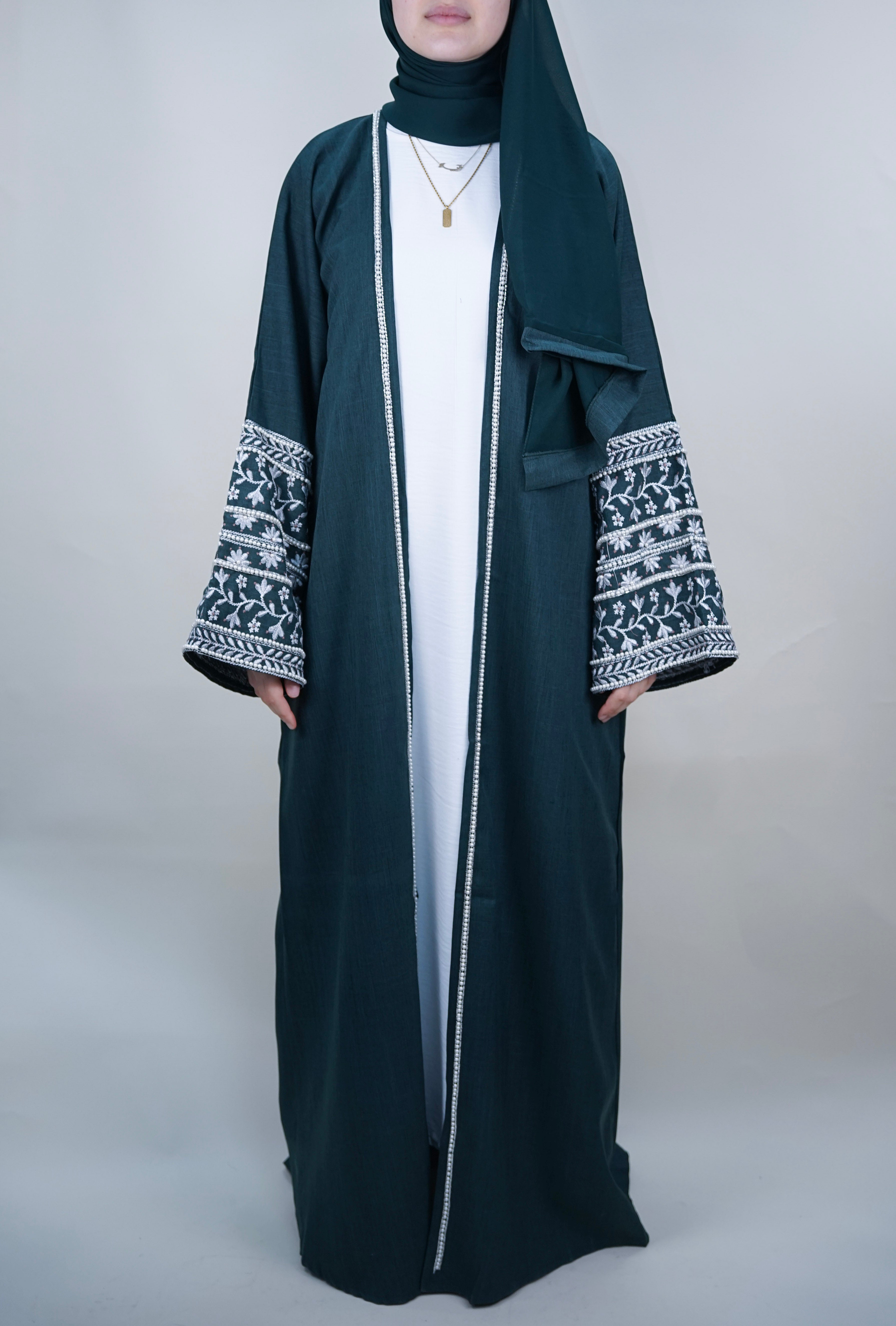 Emeralds & Pearls Linen Open Abaya Set