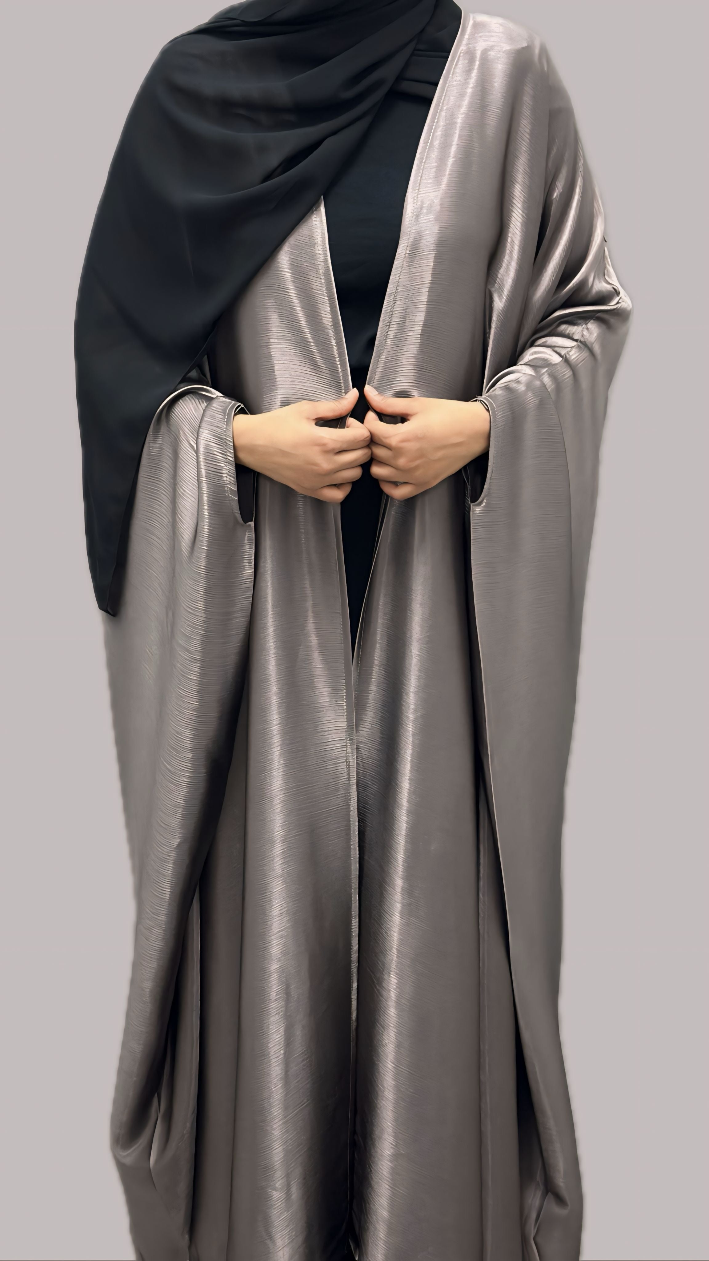 Shiny Taupe Open Front Abaya - Free Flow