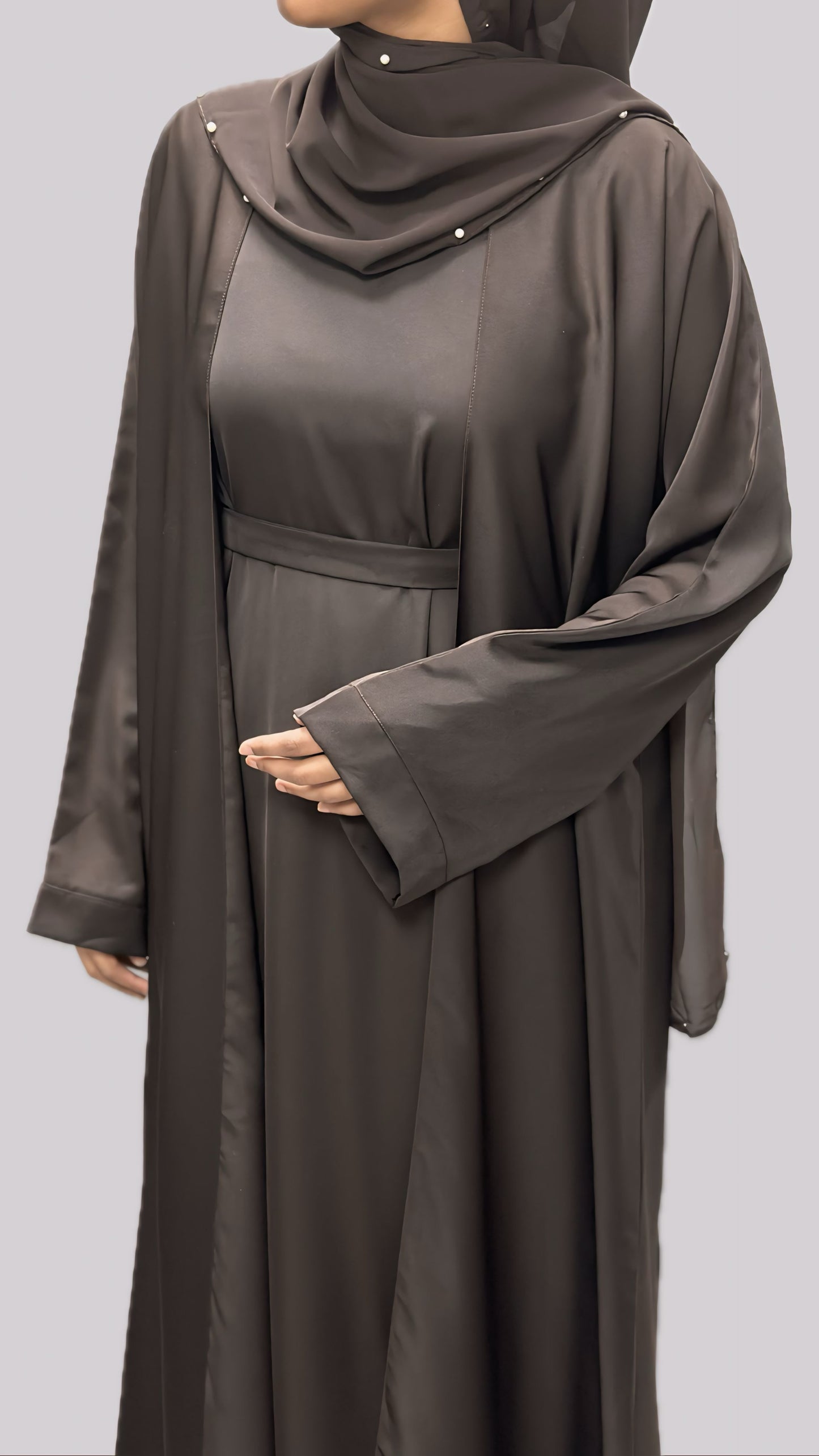 Brown Open Front Abaya With Matching Slip