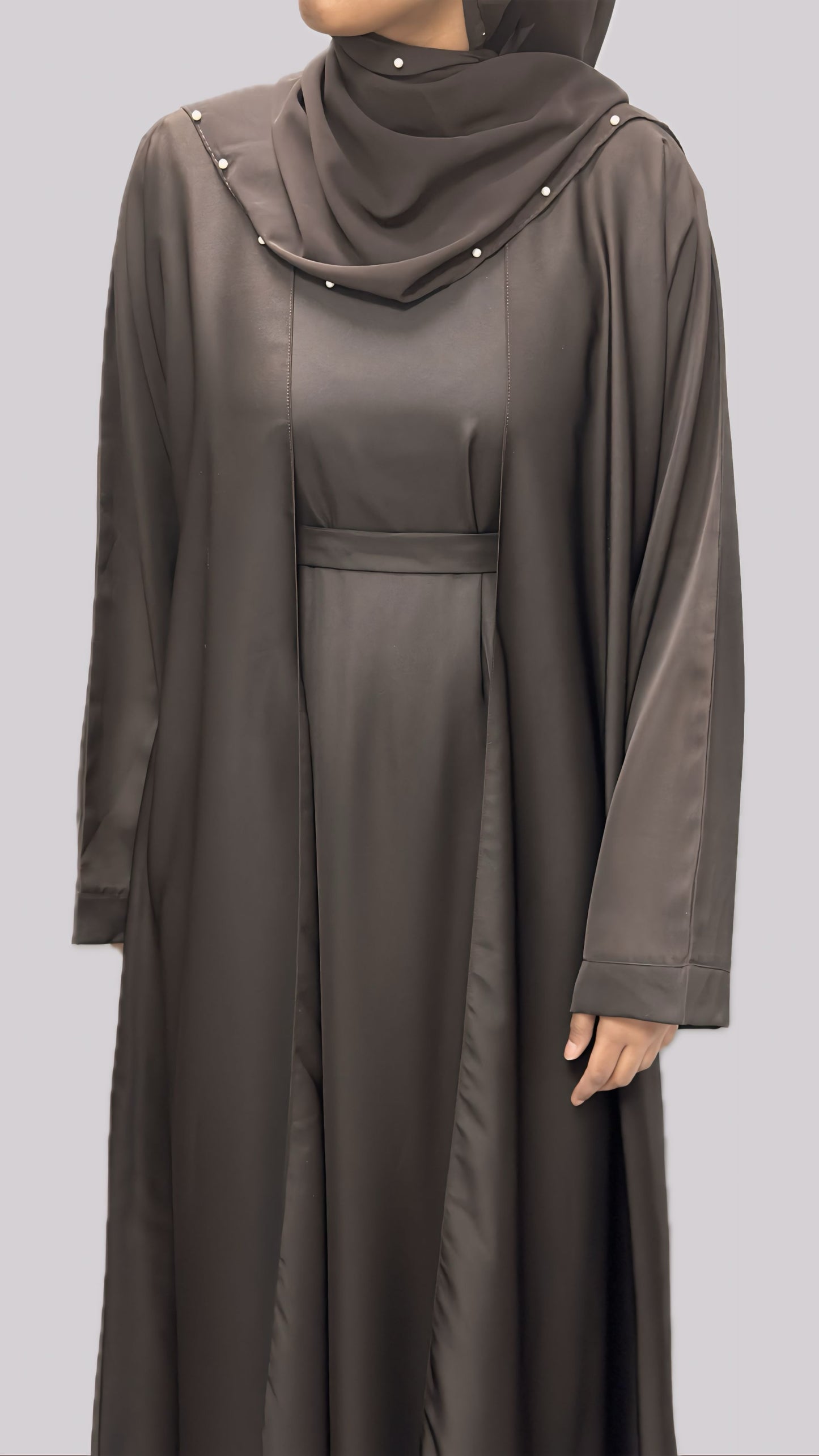 Brown Open Front Abaya With Matching Slip