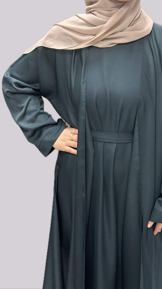 Deep Teal Open Front Abaya With Matching Slip