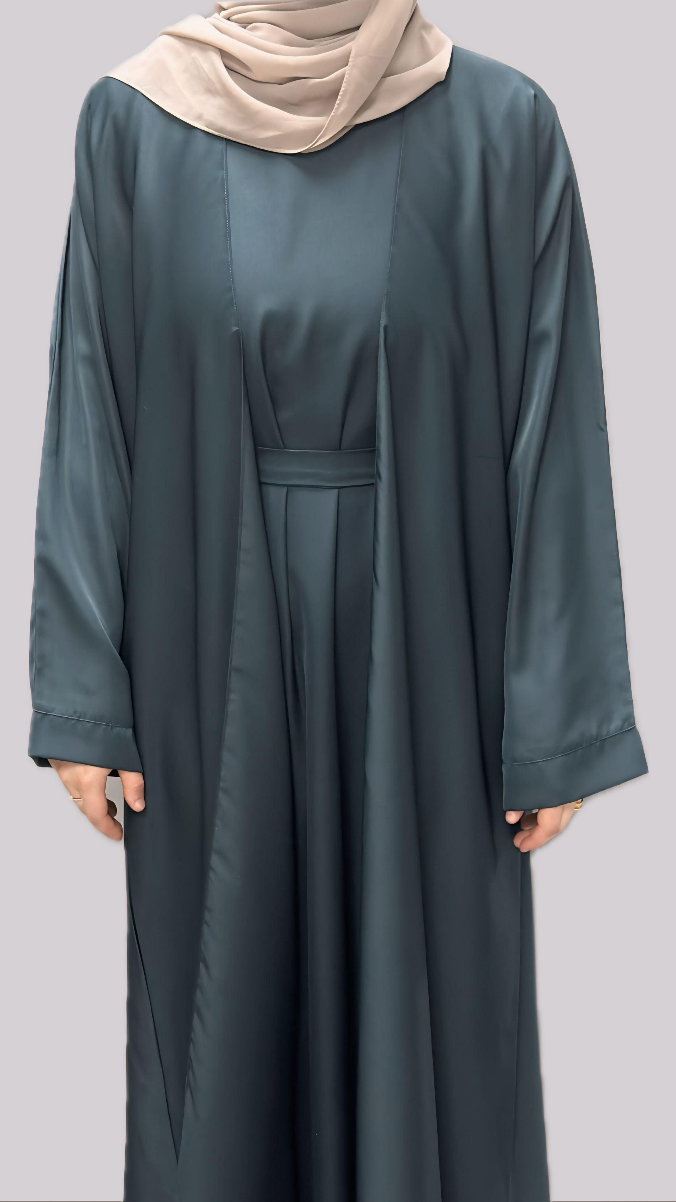 Deep Teal Open Front Abaya With Matching Slip