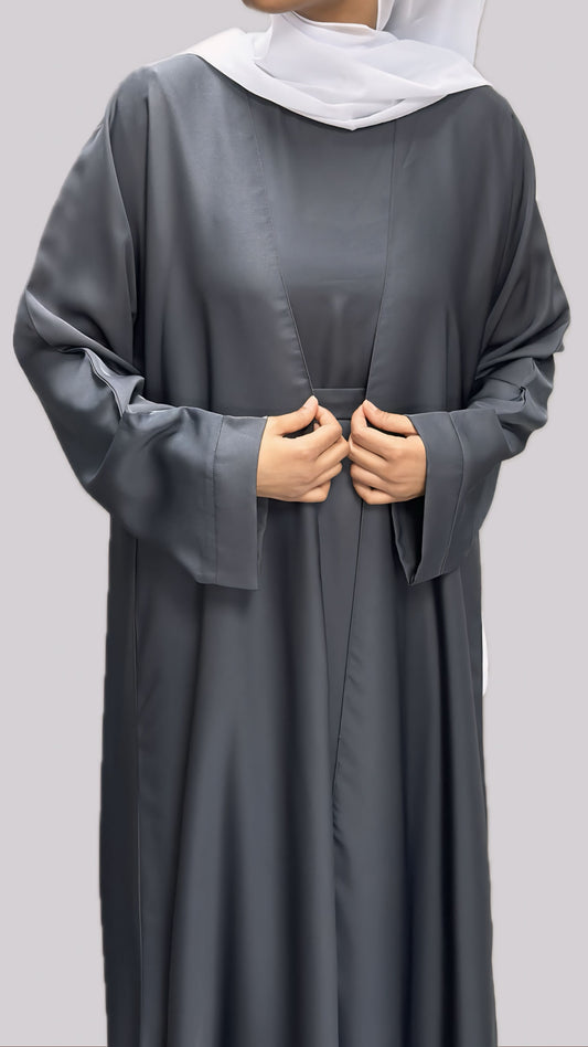 Grey Open Front Abaya With Matching Slip