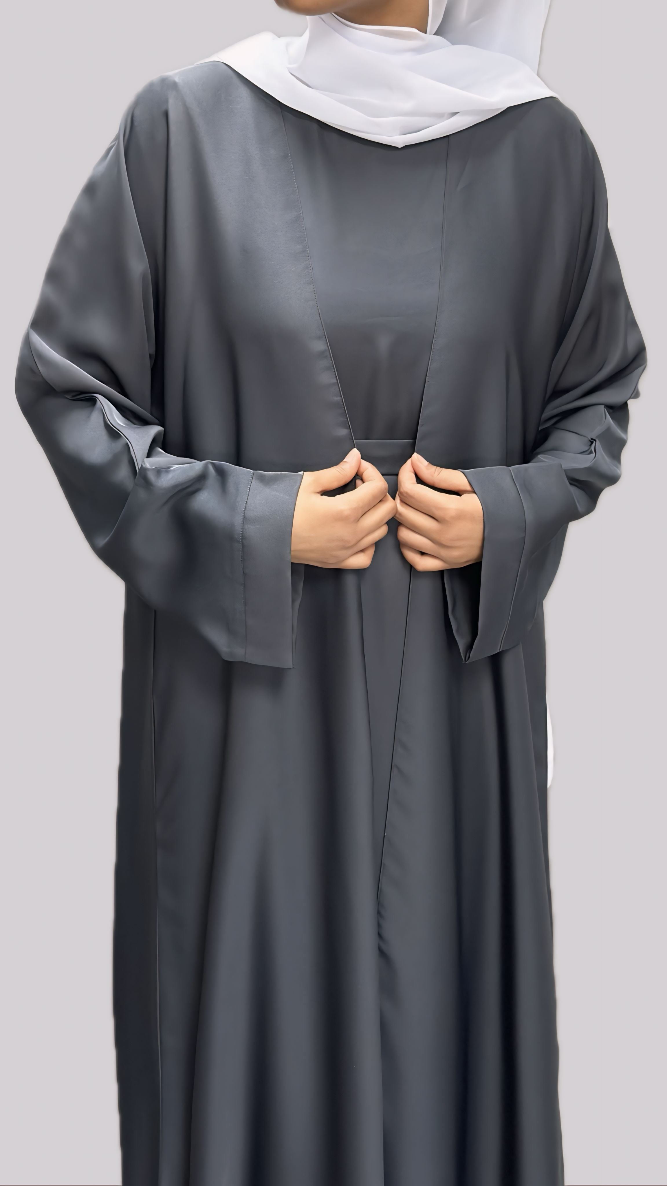 Grey Open Front Abaya With Matching Slip