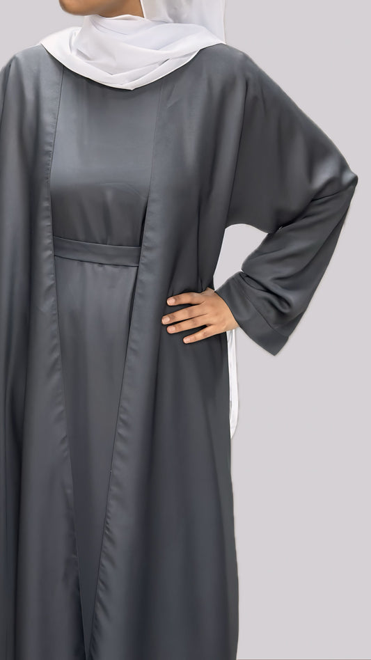 Grey Open Front Abaya With Matching Slip