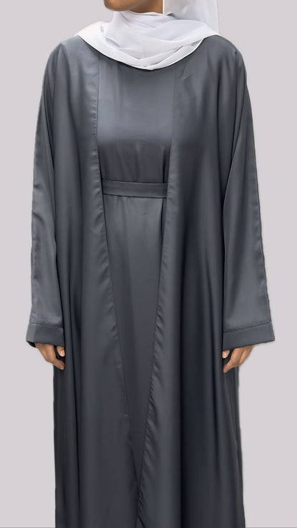 Grey Open Front Abaya With Matching Slip