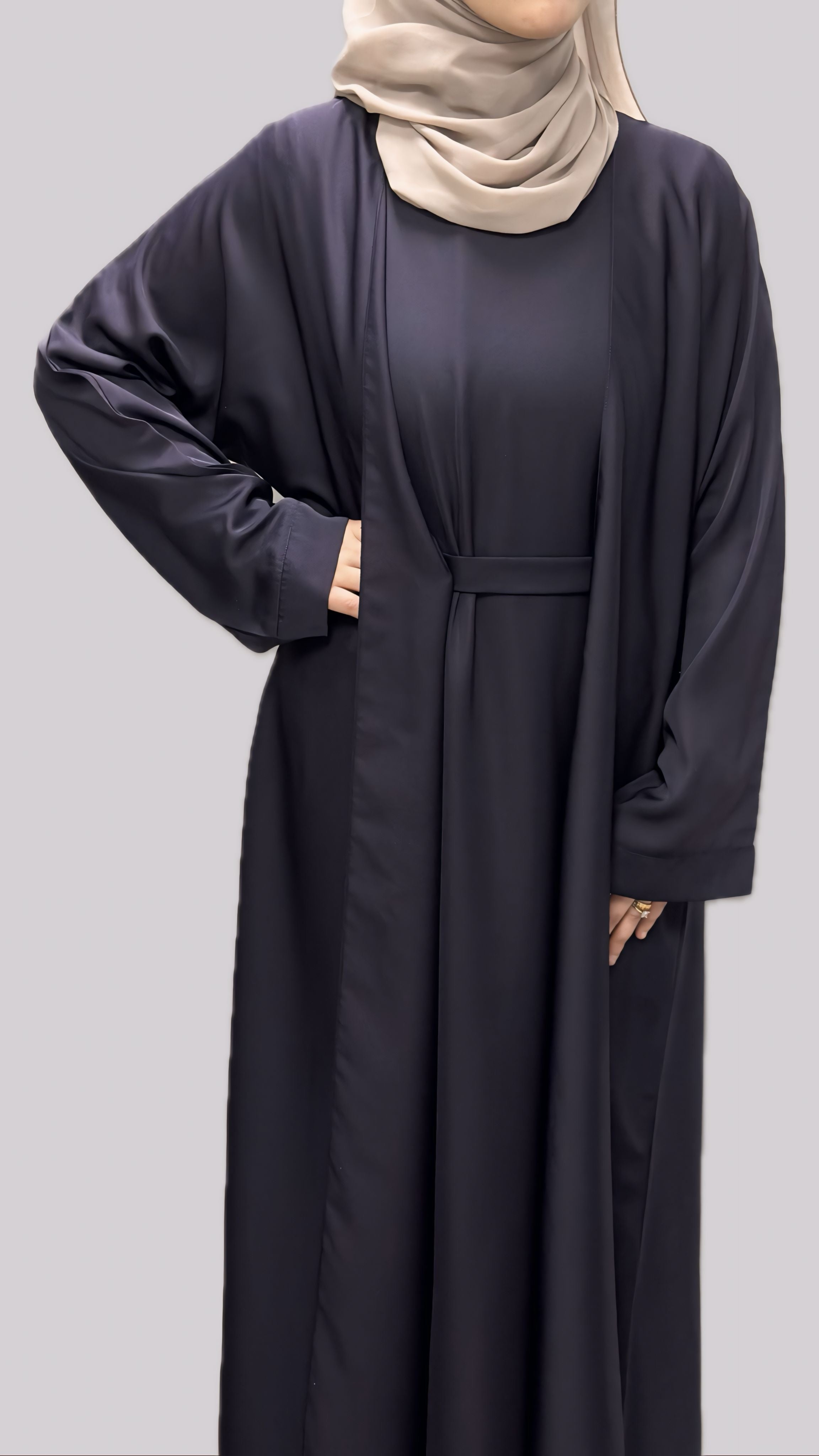 Deep Purple Open Front Abaya With Matching Slip