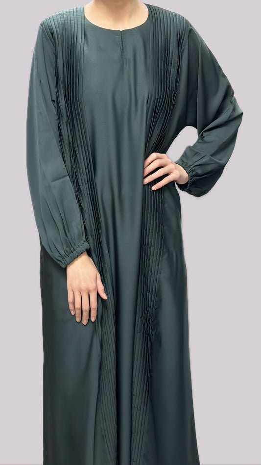 Emerald Pleated Open Front Abaya With Matching Slip