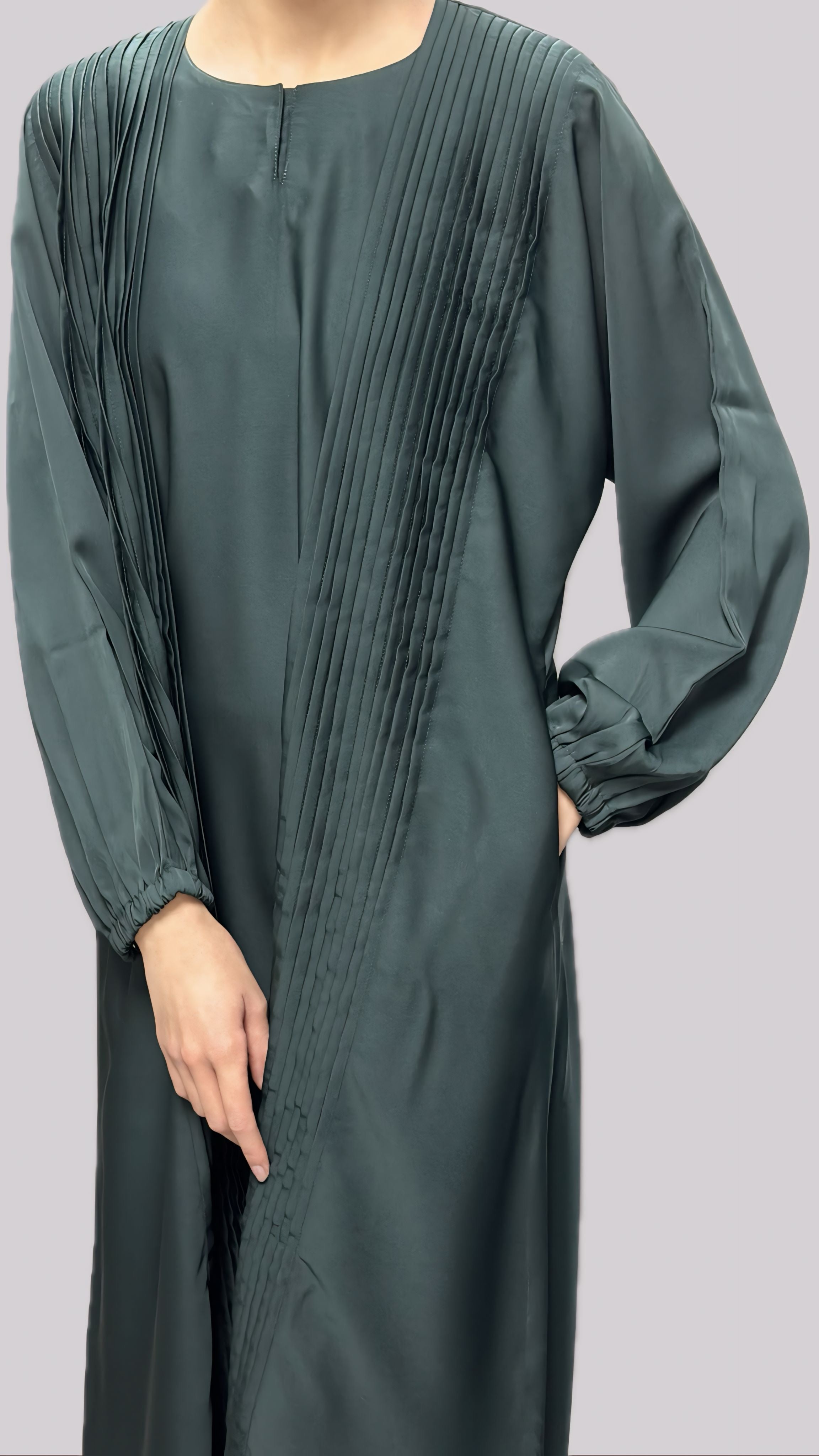 Emerald Pleated Open Front Abaya With Matching Slip