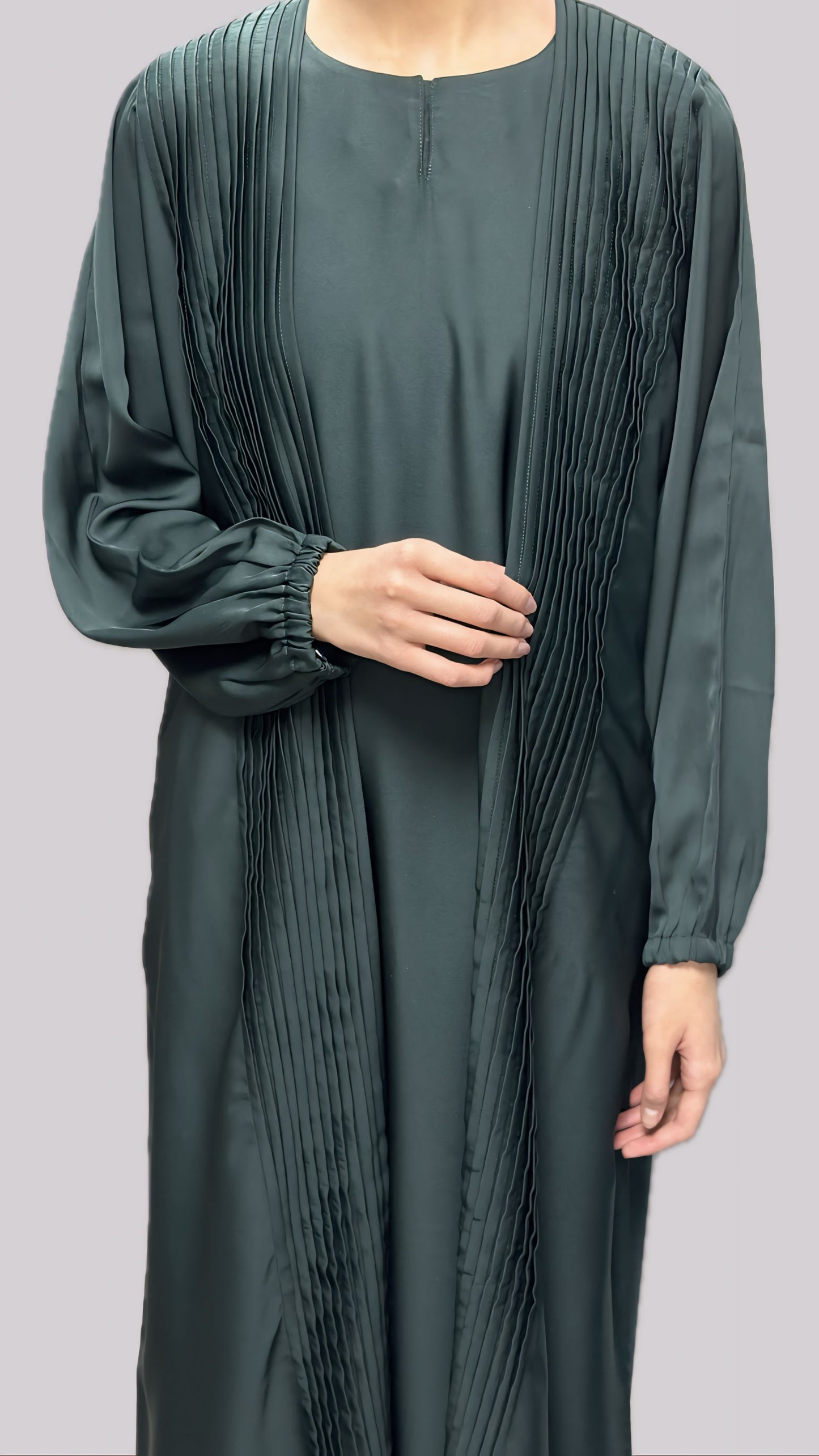 Emerald Pleated Open Front Abaya With Matching Slip