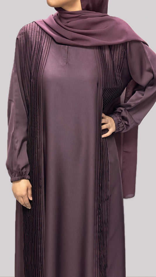 Burgandy Pleated Open Front Abaya With Matching Slip