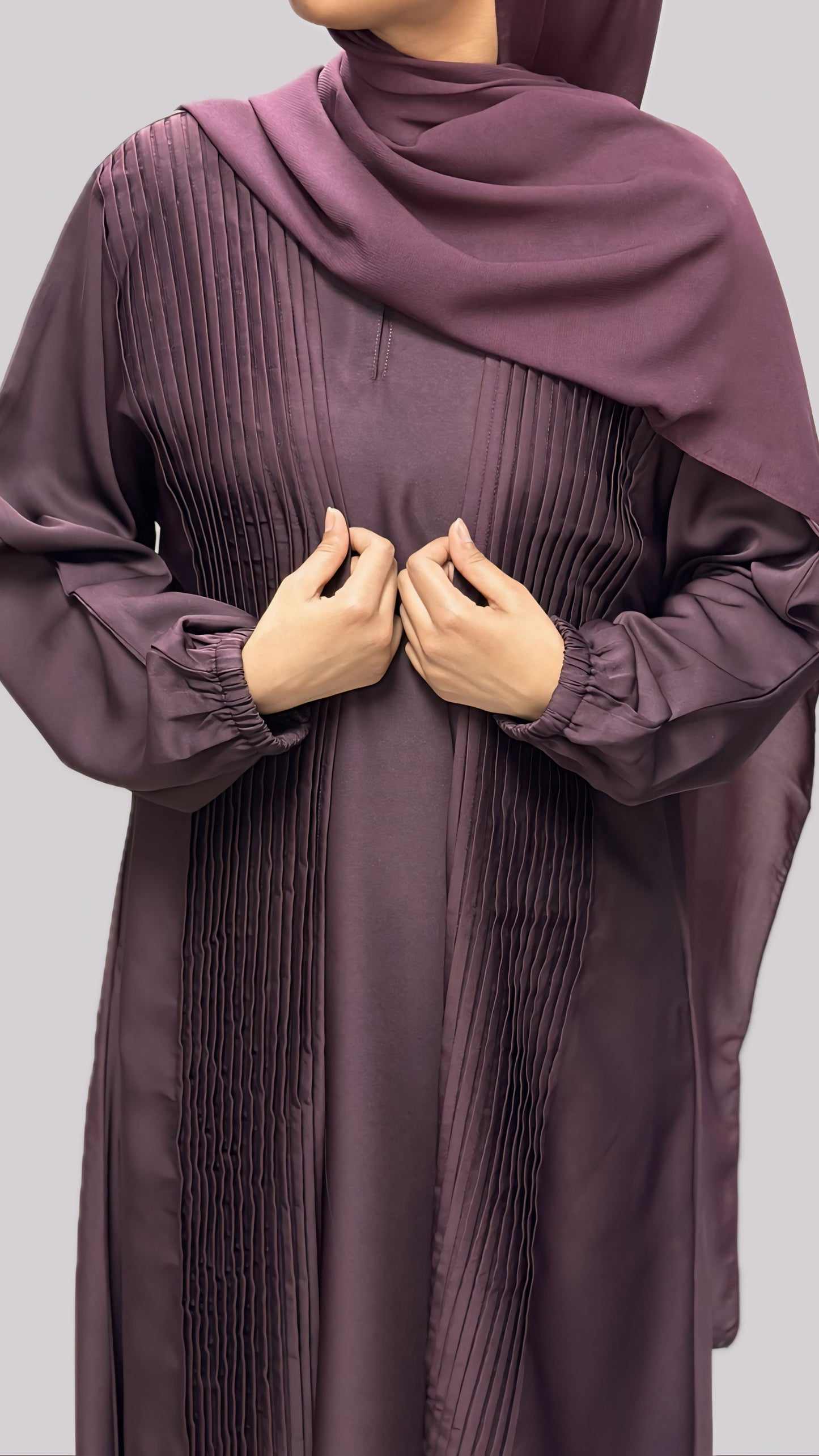 Burgandy Pleated Open Front Abaya With Matching Slip