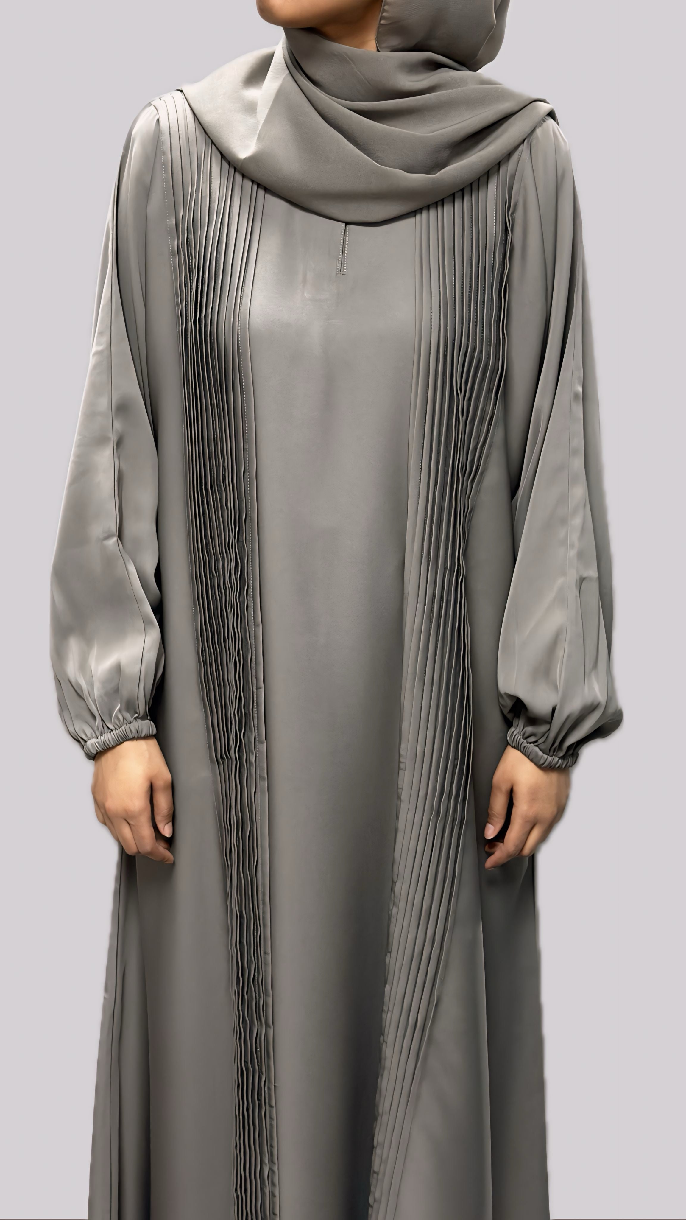 Taupe Pleated Open Front Abaya With Matching Slip