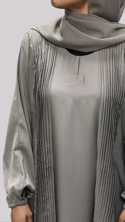 Taupe Pleated Open Front Abaya With Matching Slip