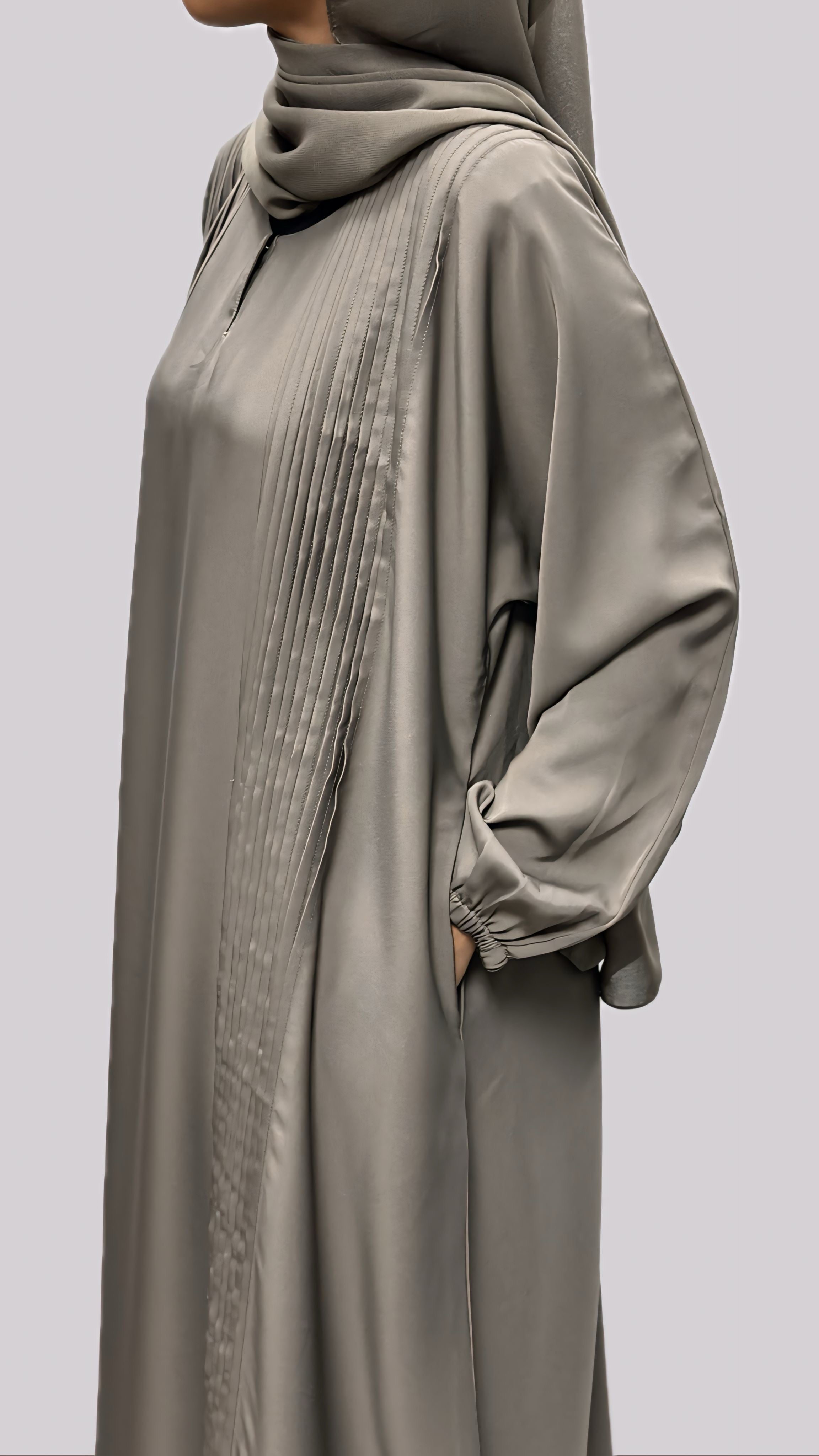 Taupe Pleated Open Front Abaya With Matching Slip