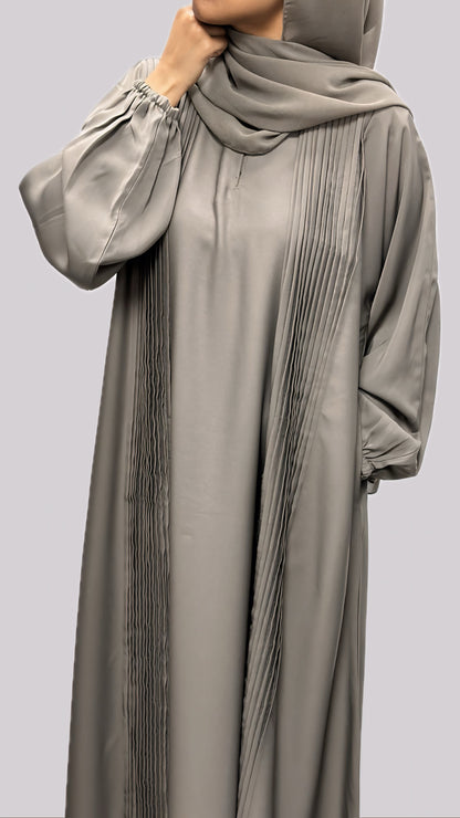 Taupe Pleated Open Front Abaya With Matching Slip