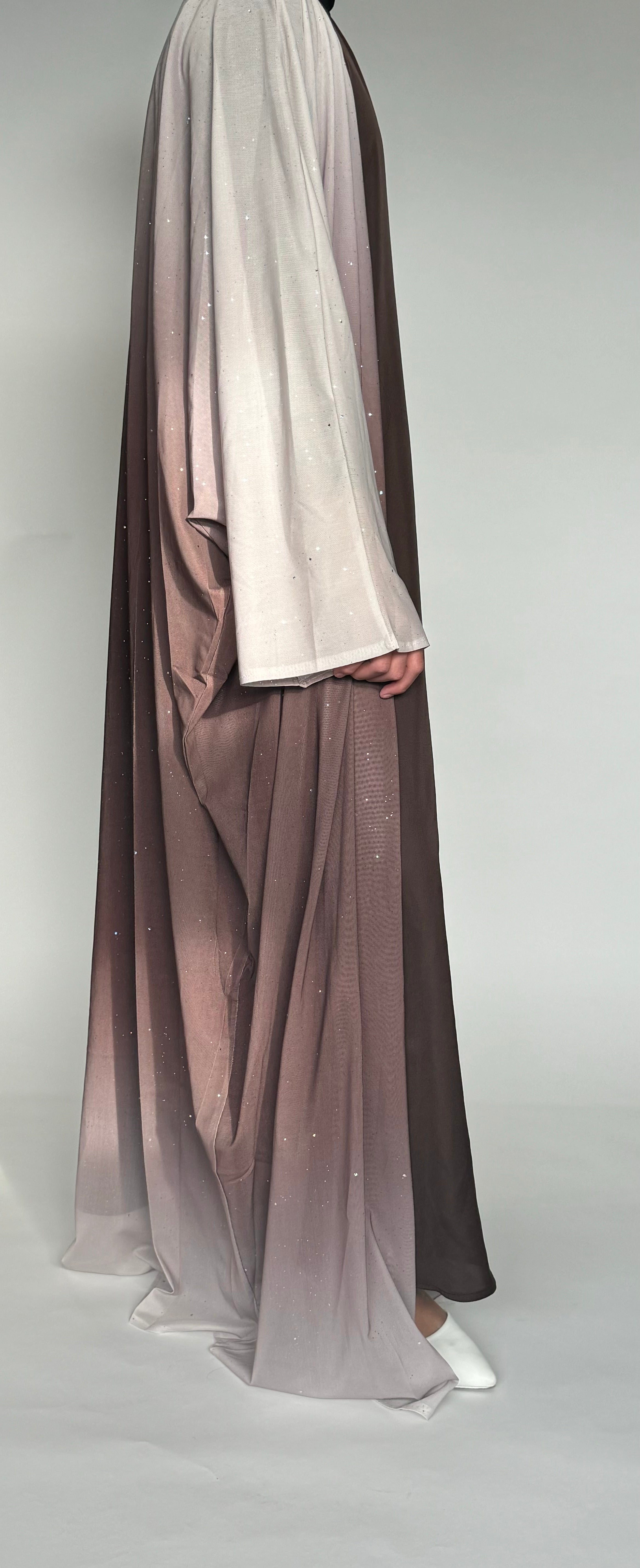 Brown & Beige Open-Front Abaya with Sparkles