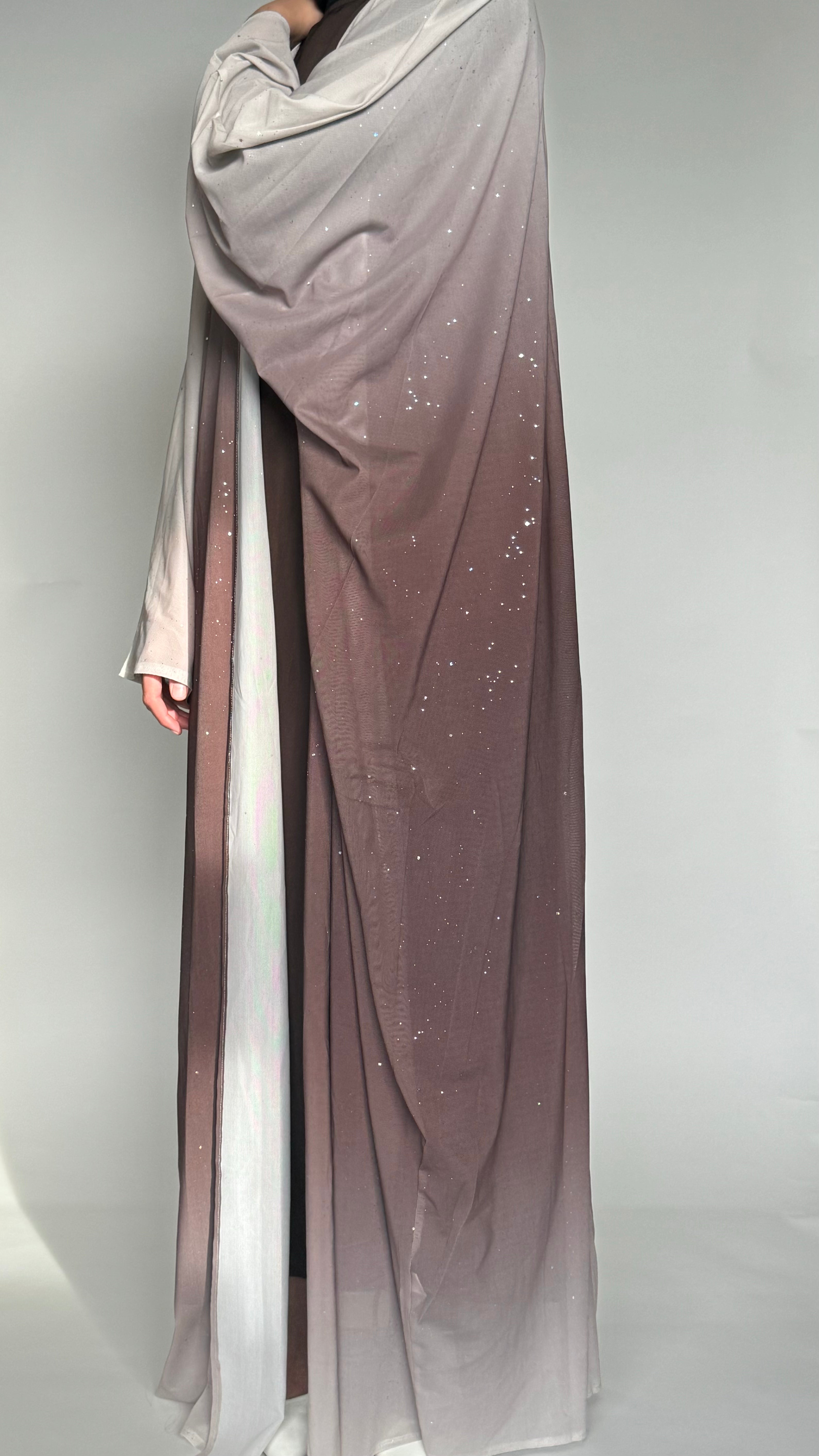 Brown & Beige Open-Front Abaya with Sparkles