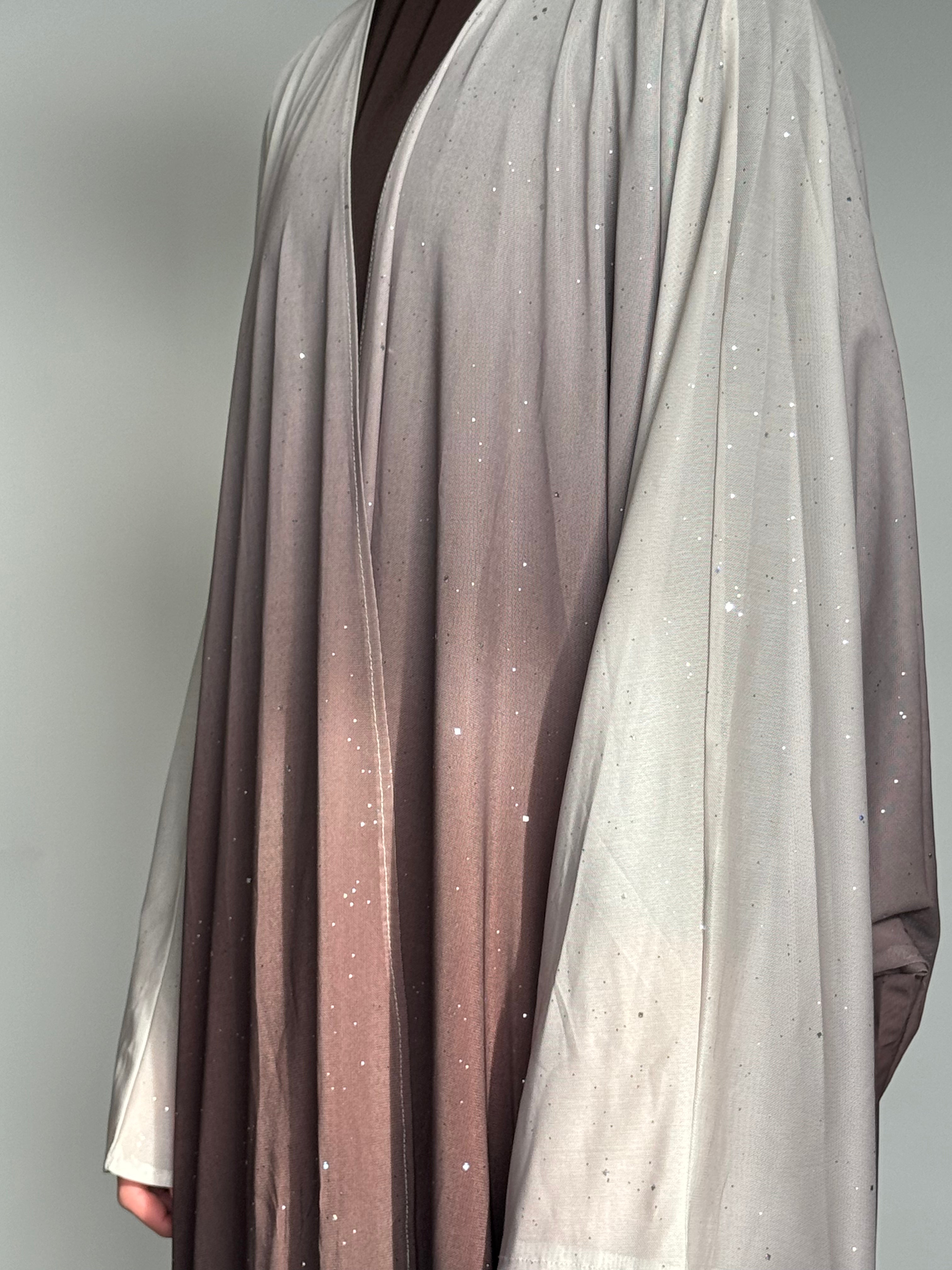 Brown & Beige Open-Front Abaya with Sparkles