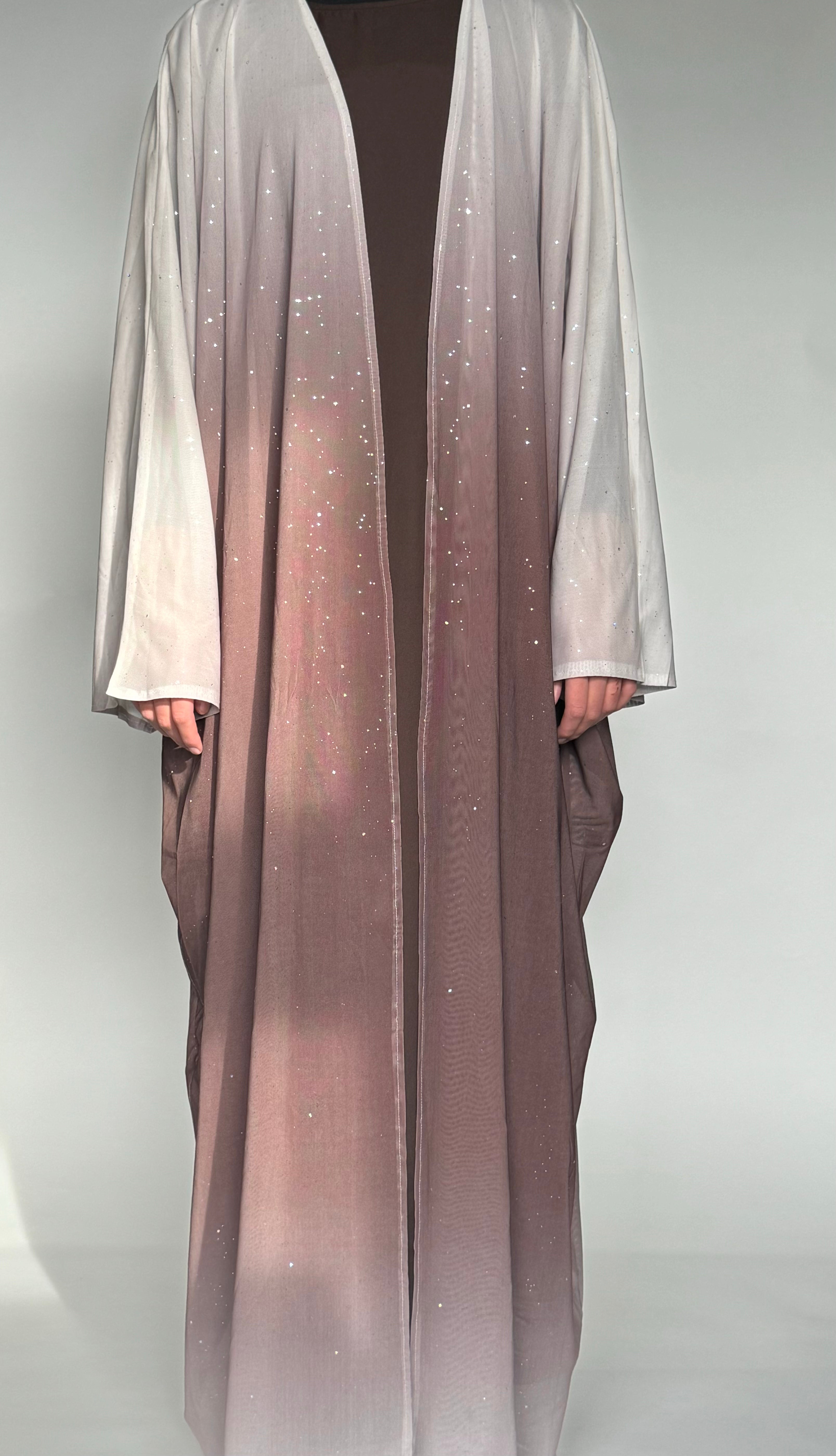 Brown & Beige Open-Front Abaya with Sparkles