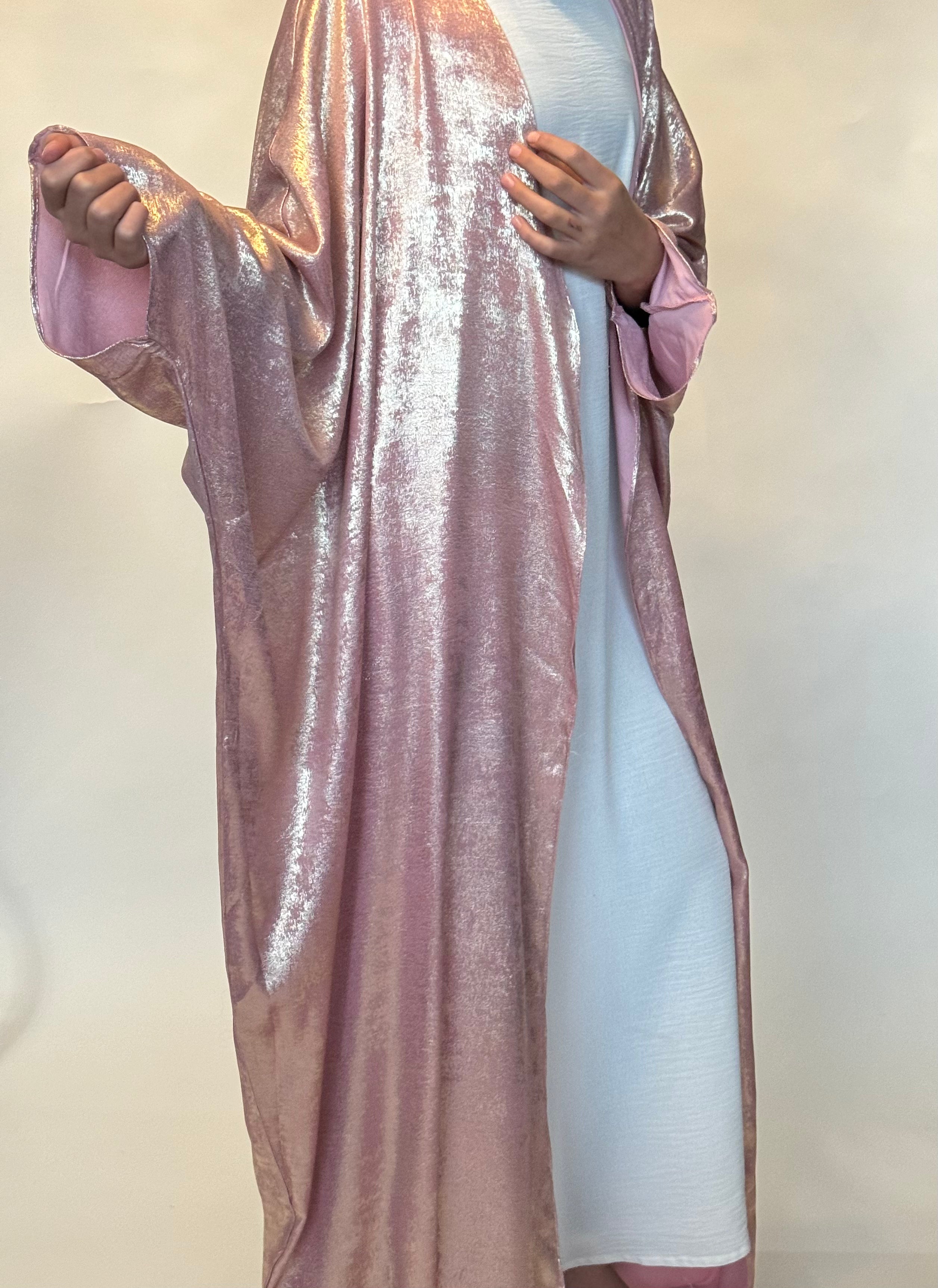 Pink & Gold Luminous Satin Open Abaya